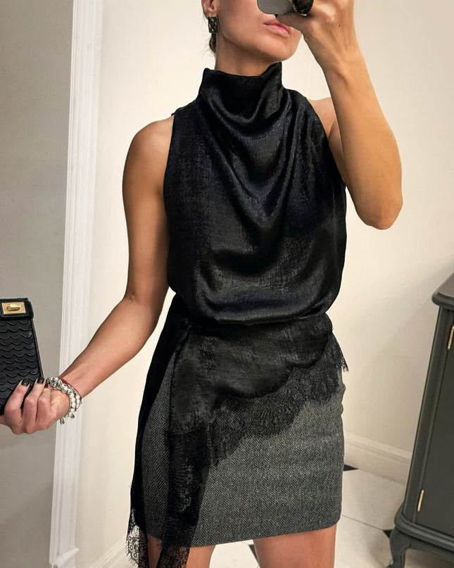 "Metallic Lace" Gold/Black Sleeveless High-Neck Asymmetrical Top