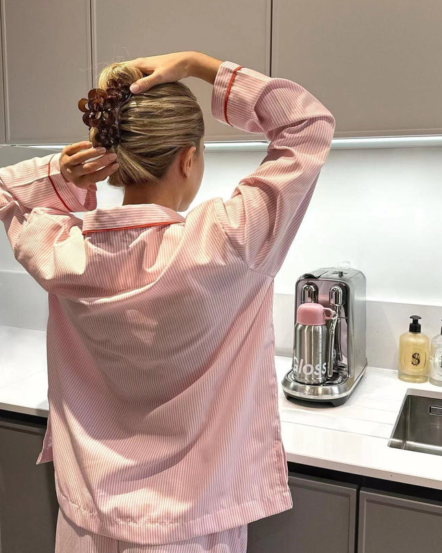 "Heart Stripe" Pink Stripe & Red Heart Button Cotton Pajama Set