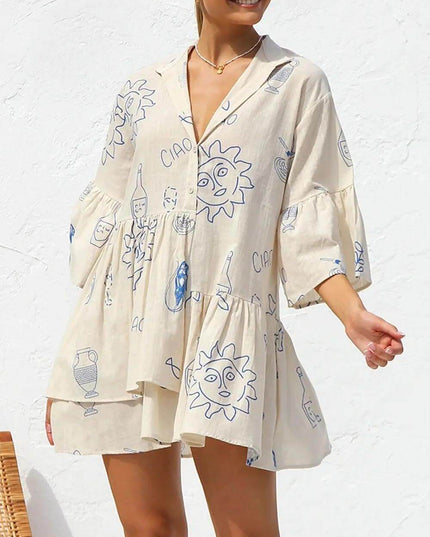 "Ciao Amore" Italian Doodle Print Tiered Mini Dress