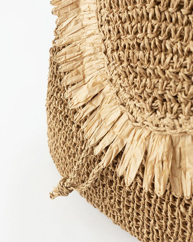 Caramel Fringed Trim Woven Straw Backpack