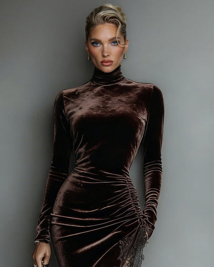 Elegant Lace-trimmed Drawstring Slit Maxi Dress