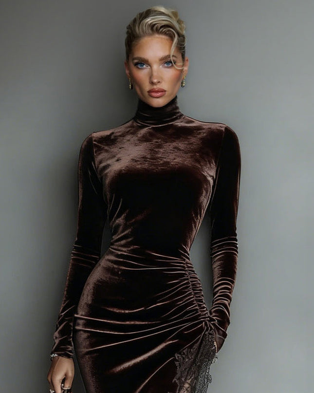 Elegant Lace-trimmed Drawstring Slit Maxi Dress