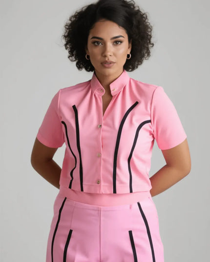 "Barbie Stripe" Pink Short-Sleeve Top & Wide-Leg Pants Two-Piece Set
