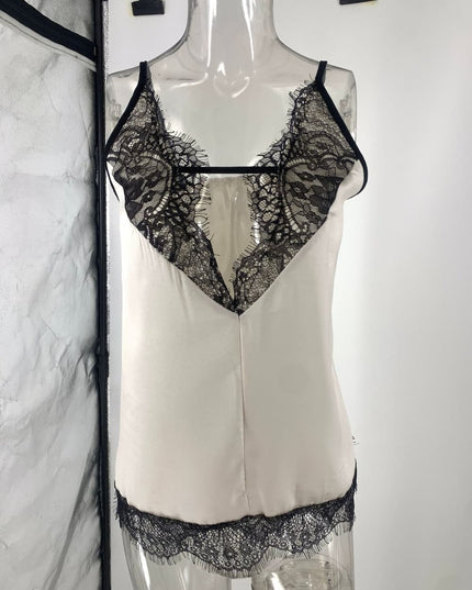 "Lace Allure" Satin Deep V-Neck Lace Trim Cami Top