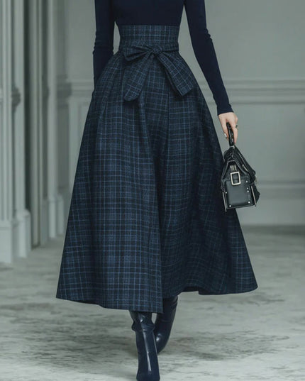 Exquisite High-neck Stretch Top And Plaid Skirt Two-piece Set