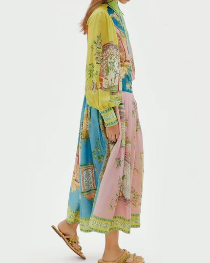 Vintage-Inspired Printed Button-Up Midi Dress