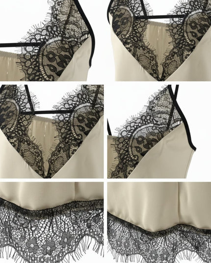 "Lace Allure" Satin Deep V-Neck Lace Trim Cami Top