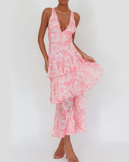 "Blush Petal" Pink Floral Tiered Maxi Dress