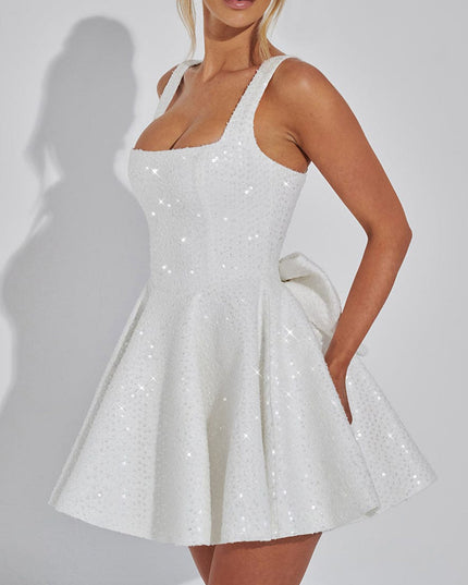 "Starlit Bow" Sequin Square Neck Mini Dress