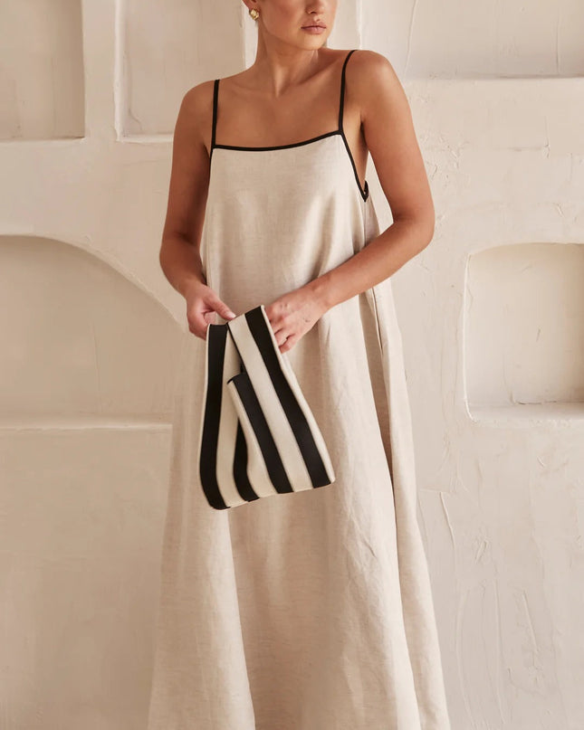 "Minimalist Linen" Contrast Trim Spaghetti Strap Maxi Dress