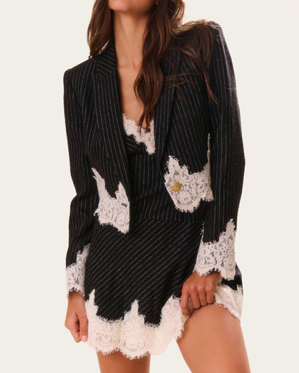 "Pinstripe Lace" Contrast Trim Blazer