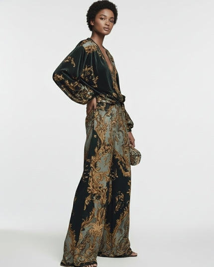 "Regal Baroque" Emerald Gold Baroque Print Two-Piece Set