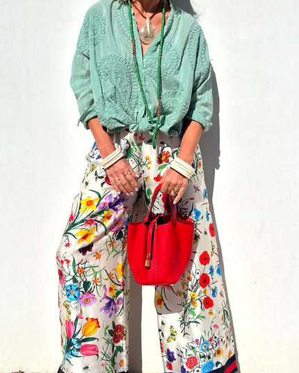 "Botanical Bliss" Floral Print Contrast Trim Two-Piece Set