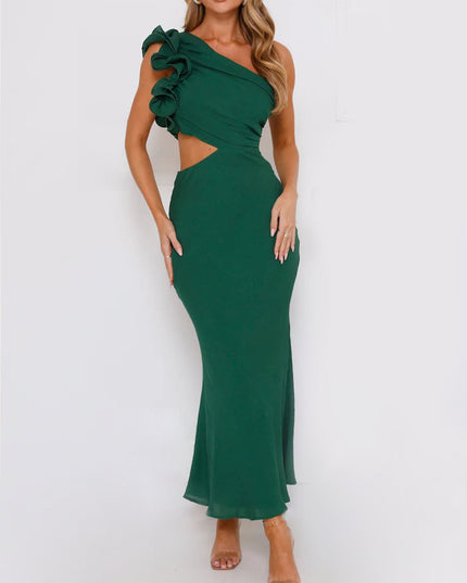 "Emerald Ruffle" One-Shoulder Maxi Dress