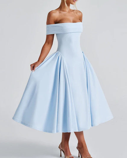 "Sky Duchess" Off-Shoulder Midi Dress