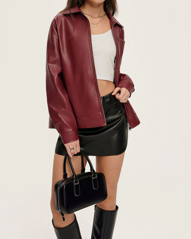 "Scarlet Edge" Burgundy Faux Leather Cropped Jacket
