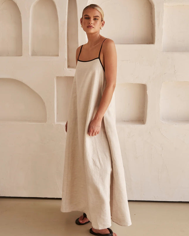 "Minimalist Linen" Contrast Trim Spaghetti Strap Maxi Dress