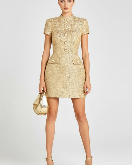 "Gilded Tweed" Gold Pearl-Trim Mini Dress