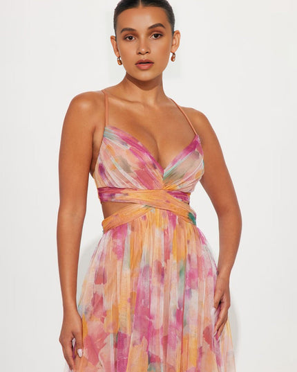 "Sunset Watercolor" Cutout Chiffon Maxi Dress
