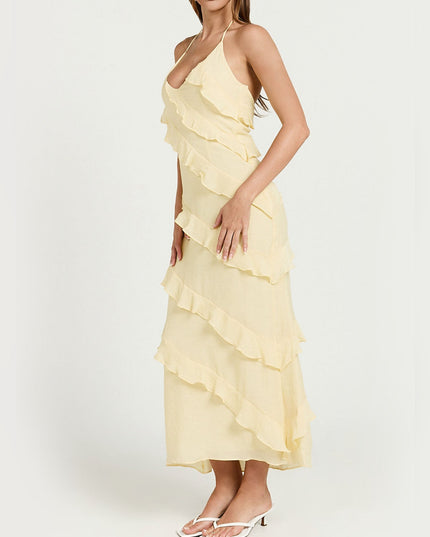 "Sunlit Ruffle" Yellow Halter Ruffle Midi Dress