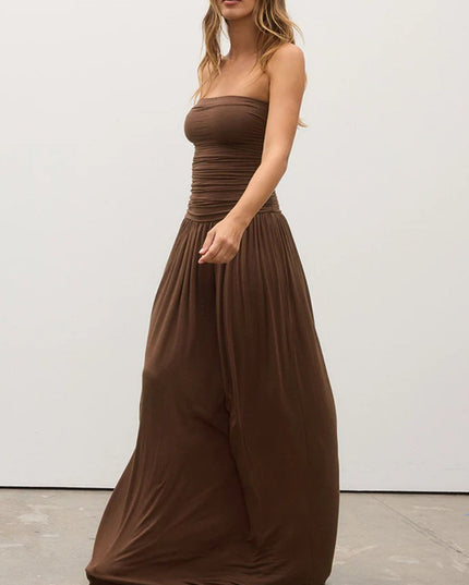 "Cocooned" Brown Strapless Ruched Maxi Dress