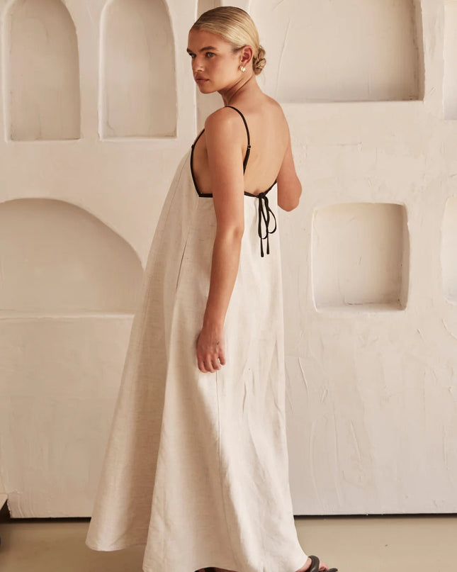 "Minimalist Linen" Contrast Trim Spaghetti Strap Maxi Dress
