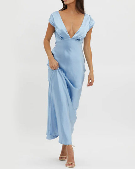 "Sky Satin" Plunge V-Neck Maxi Dress