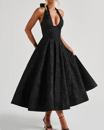 "Midnight Noir" Black Jacquard Halter Midi Dress