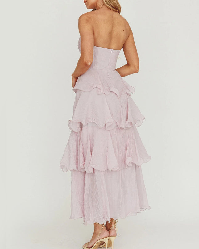 "Blush Whisper" Blush Strapless Tiered Maxi Dress
