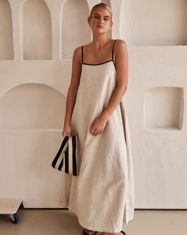 "Minimalist Linen" Contrast Trim Spaghetti Strap Maxi Dress