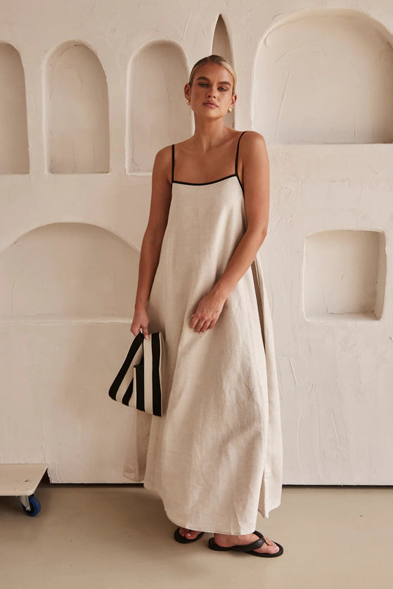 "Minimalist Linen" Contrast Trim Spaghetti Strap Maxi Dress