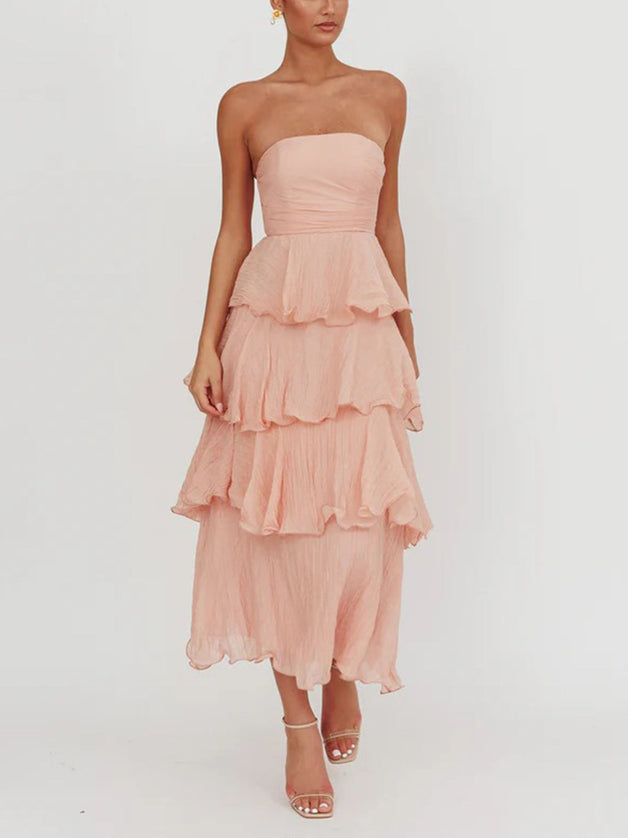 "Peach Whisper" Peach Strapless Tiered Maxi Dress