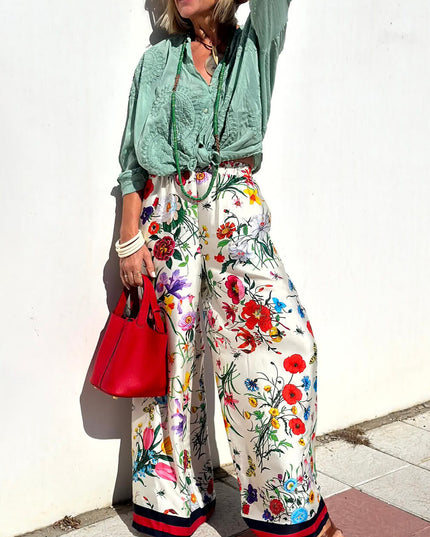 "Botanical Bliss" Floral Print Contrast Trim Two-Piece Set