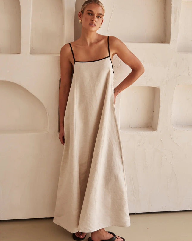 "Minimalist Linen" Contrast Trim Spaghetti Strap Maxi Dress