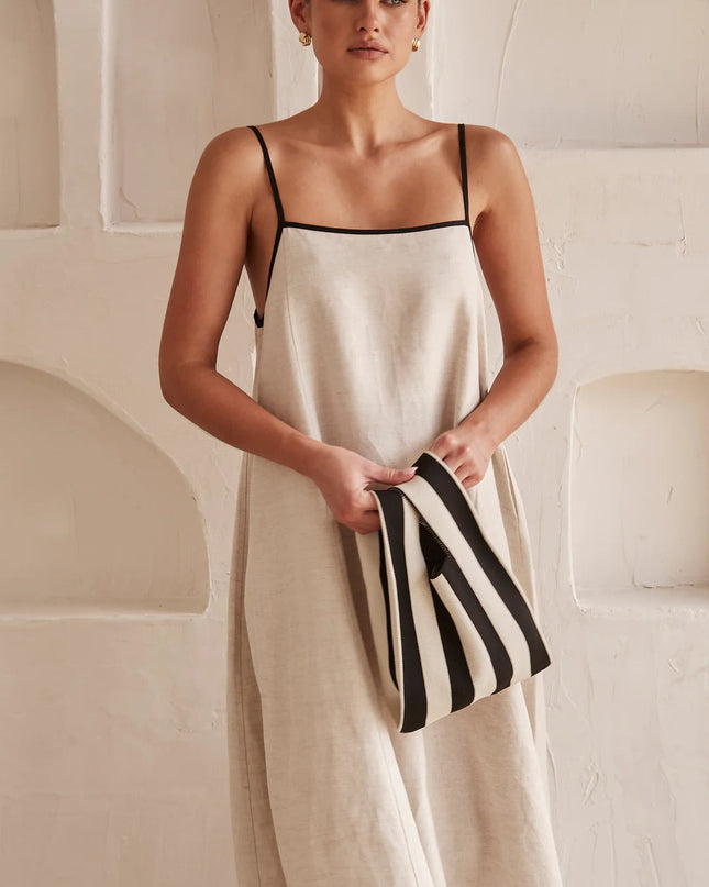 "Minimalist Linen" Contrast Trim Spaghetti Strap Maxi Dress
