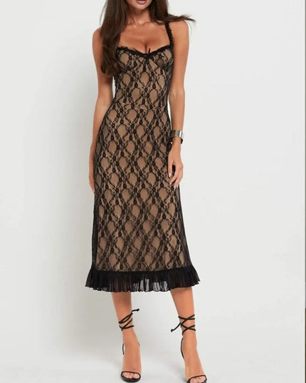"Lace Lattice" Sheer Overlay Midi Dress