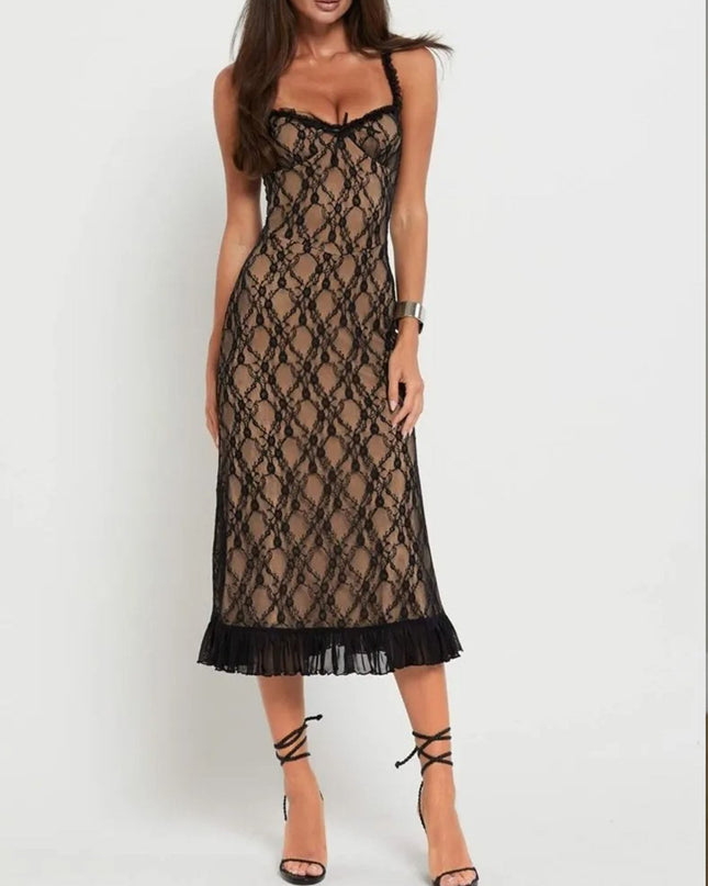 "Lace Lattice" Sheer Overlay Midi Dress