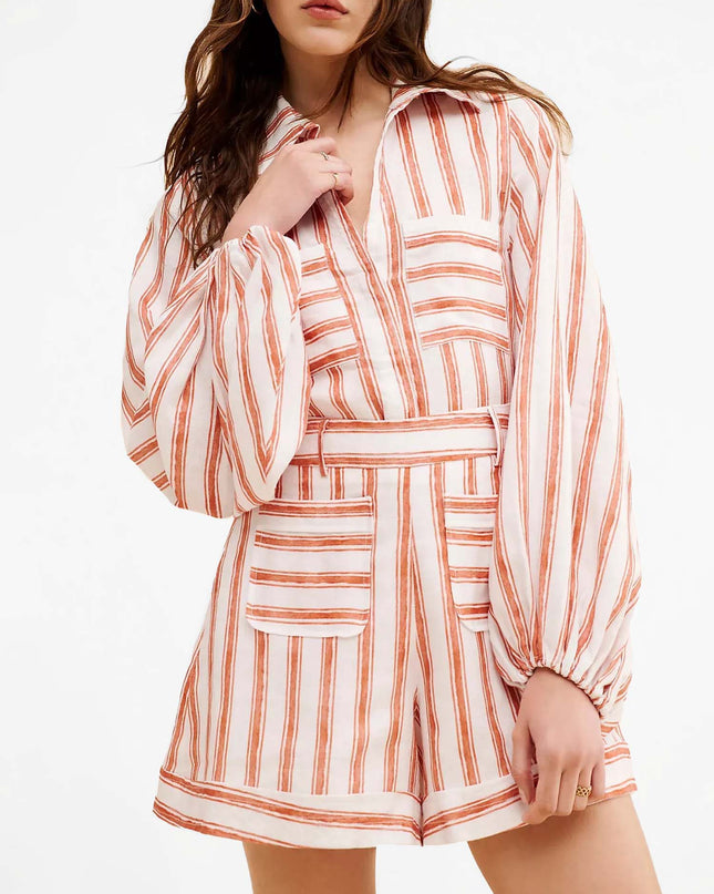Striped Belted Romper Set