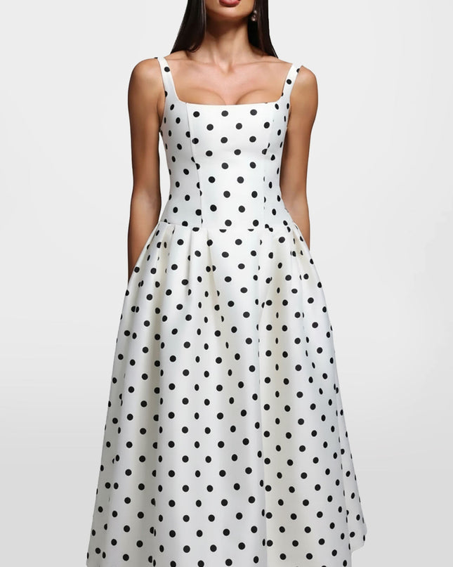 "Retro Dot" Polka Dot Square Neck Midi Dress