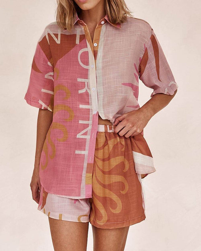 "Sunset Typo" Terracotta Print Linen-Blend Shirt & Shorts Set
