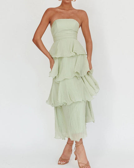 "Sage Ruffle" Strapless Tiered Maxi Dress