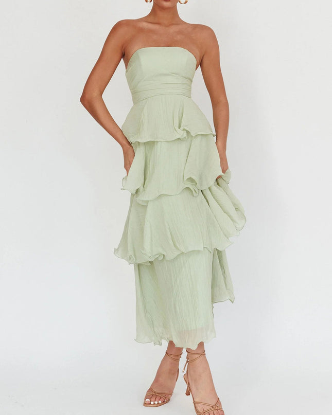 "Sage Ruffle" Strapless Tiered Maxi Dress