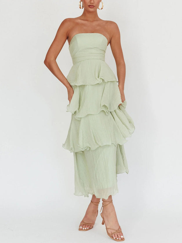 "Sage Ruffle" Strapless Tiered Maxi Dress