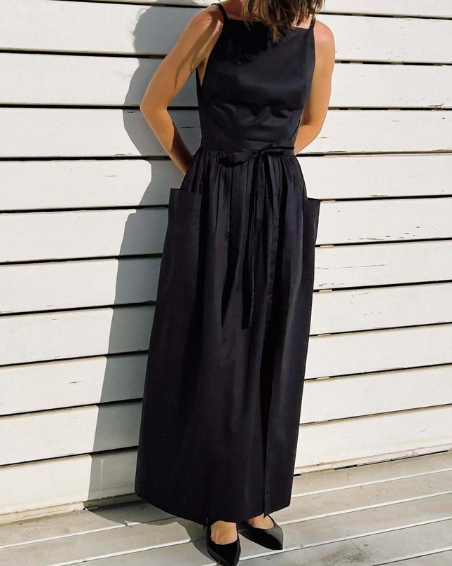 "Classic Noir" Sleeveless Tie-Waist Maxi Dress