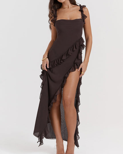 "Mocha Ruffle" Asymmetric Maxi Dress