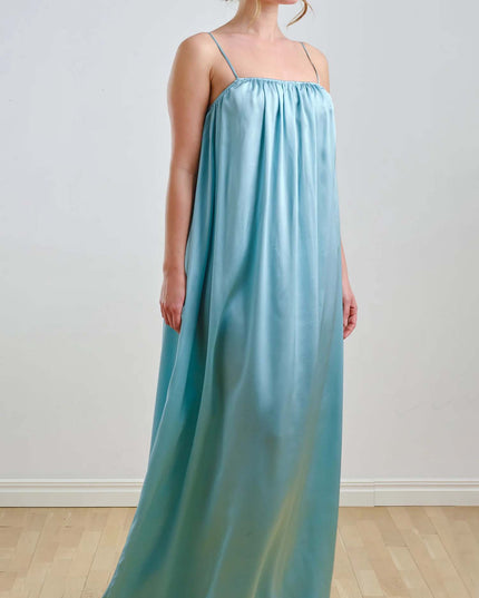 "Aqua Satin" Strappy Gathered Maxi Dress
