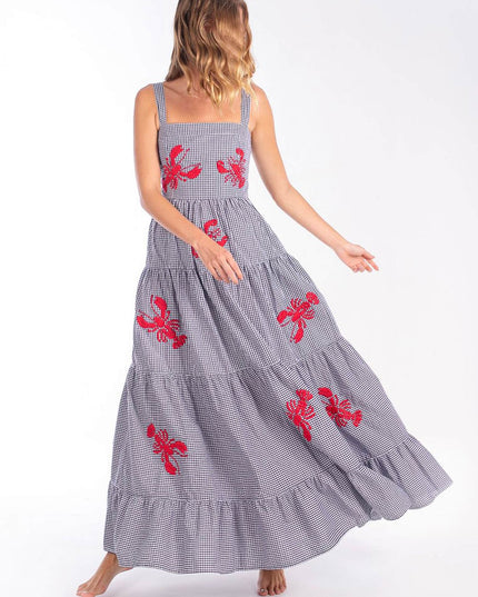 "Crawfish Picnic" Gingham & Lobster Embroidered Maxi Dress
