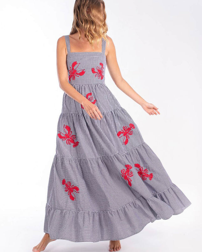 "Crawfish Picnic" Gingham & Lobster Embroidered Maxi Dress