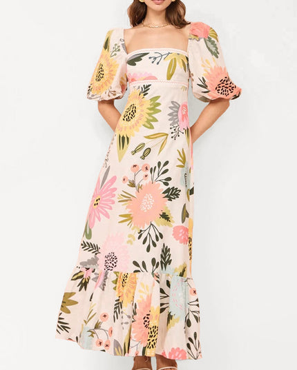 "Sunflower Garden" Floral Print Puff Sleeve Maxi Dress