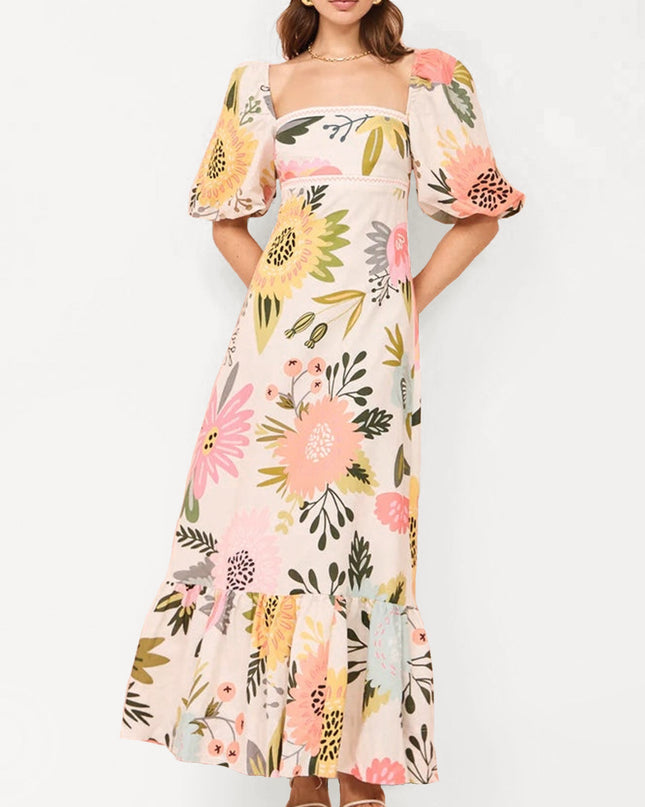 "Sunflower Garden" Floral Print Puff Sleeve Maxi Dress